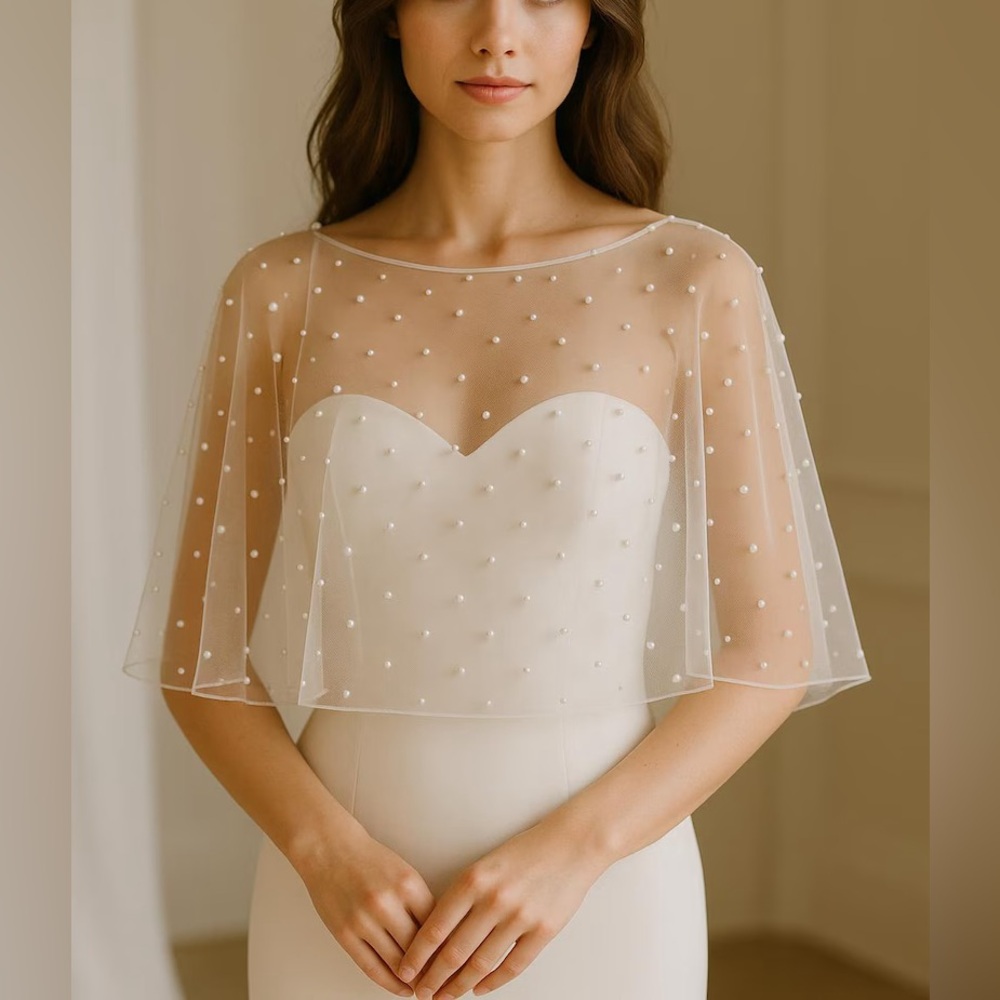 Ivory Bridal Pearl Cape Wedding Shawl